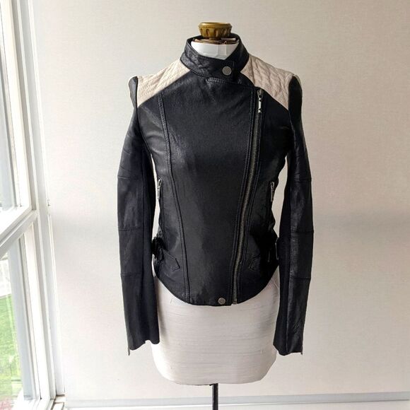 BCBG Max Azria Two-Tone Leather Biker/Moto Jacket - Black & Cream - Picture 2 of 8